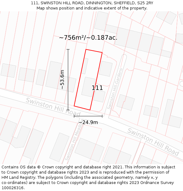 111, SWINSTON HILL ROAD, DINNINGTON, SHEFFIELD, S25 2RY: Plot and title map