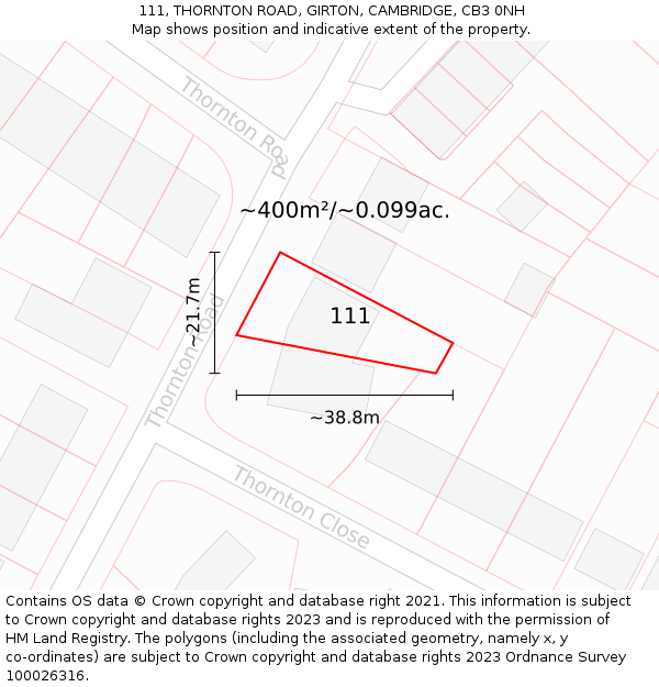 111, THORNTON ROAD, GIRTON, CAMBRIDGE, CB3 0NH: Plot and title map