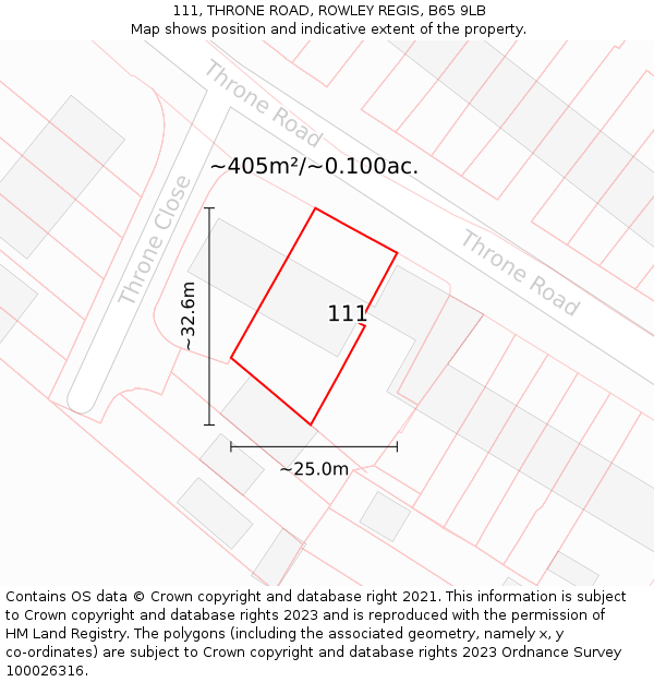 111, THRONE ROAD, ROWLEY REGIS, B65 9LB: Plot and title map