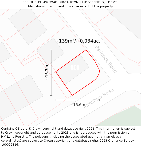 111, TURNSHAW ROAD, KIRKBURTON, HUDDERSFIELD, HD8 0TL: Plot and title map