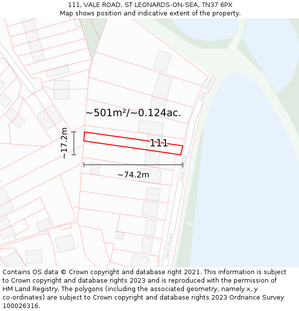 111, VALE ROAD, ST LEONARDS-ON-SEA, TN37 6PX: Plot and title map