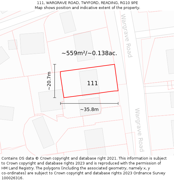 111, WARGRAVE ROAD, TWYFORD, READING, RG10 9PE: Plot and title map