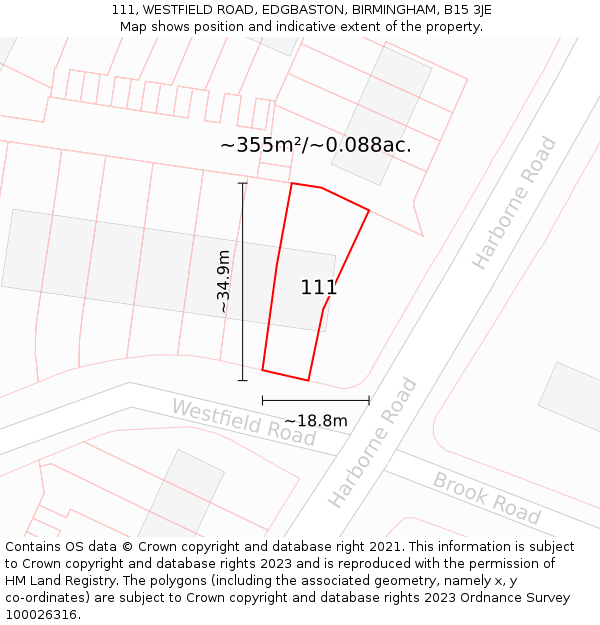 111, WESTFIELD ROAD, EDGBASTON, BIRMINGHAM, B15 3JE: Plot and title map