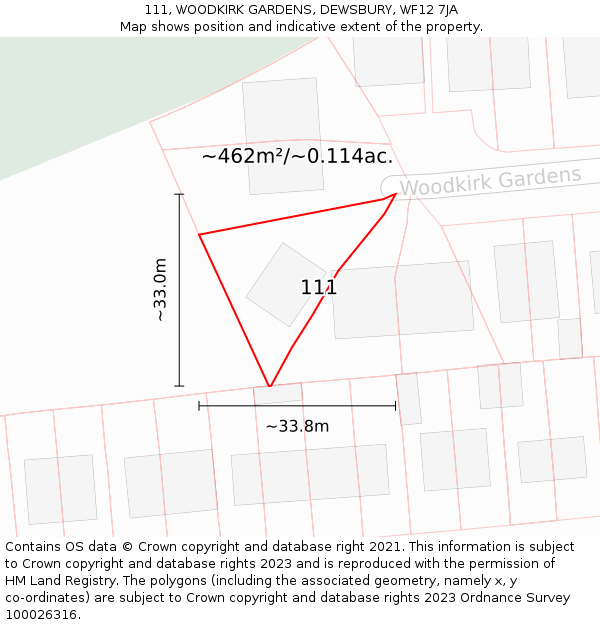 111, WOODKIRK GARDENS, DEWSBURY, WF12 7JA: Plot and title map