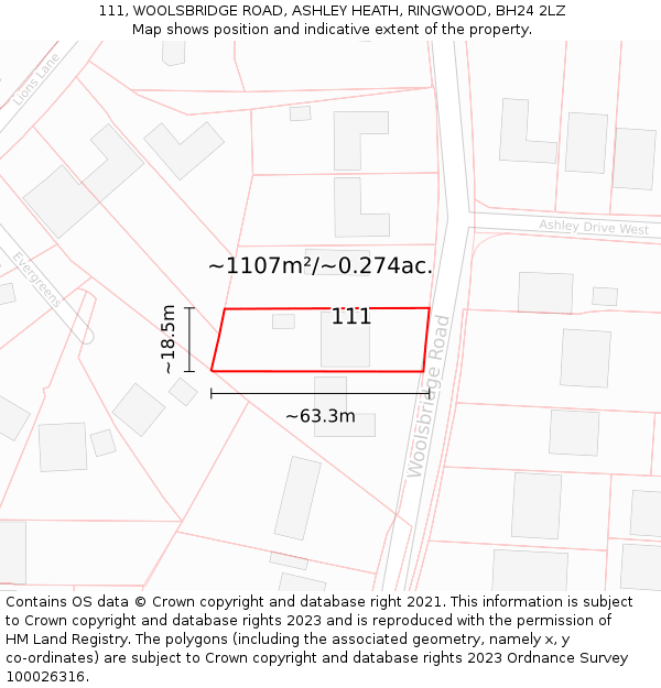 111, WOOLSBRIDGE ROAD, ASHLEY HEATH, RINGWOOD, BH24 2LZ: Plot and title map