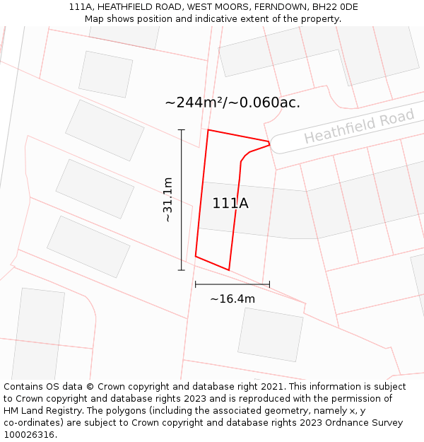 111A, HEATHFIELD ROAD, WEST MOORS, FERNDOWN, BH22 0DE: Plot and title map