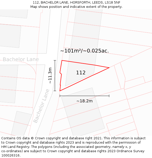 112, BACHELOR LANE, HORSFORTH, LEEDS, LS18 5NF: Plot and title map