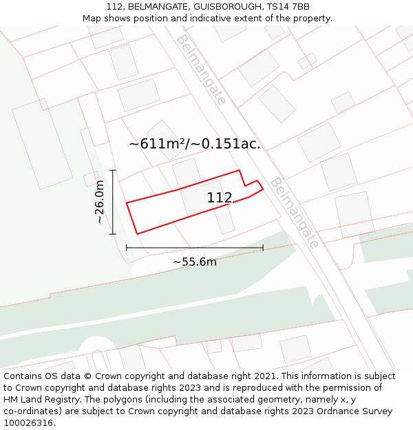 112, BELMANGATE, GUISBOROUGH, TS14 7BB: Plot and title map
