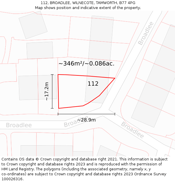 112, BROADLEE, WILNECOTE, TAMWORTH, B77 4PG: Plot and title map