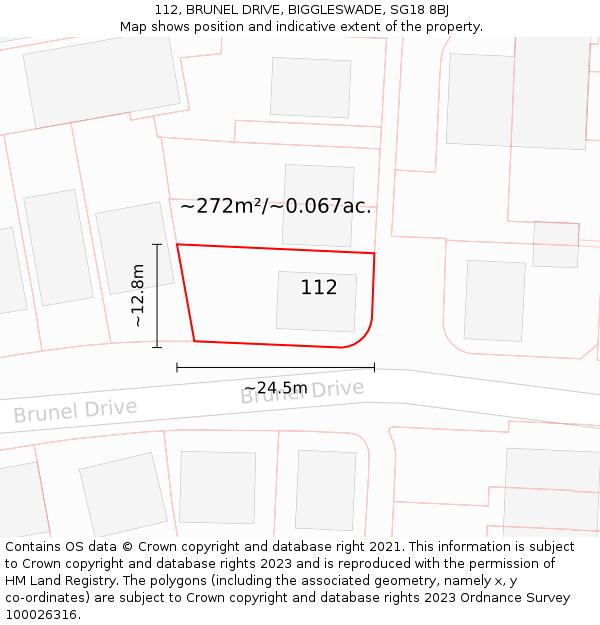 112, BRUNEL DRIVE, BIGGLESWADE, SG18 8BJ: Plot and title map