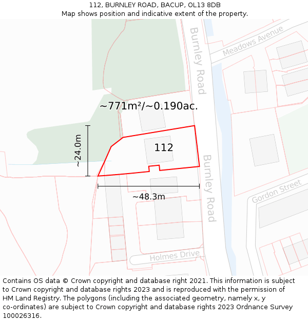 112, BURNLEY ROAD, BACUP, OL13 8DB: Plot and title map