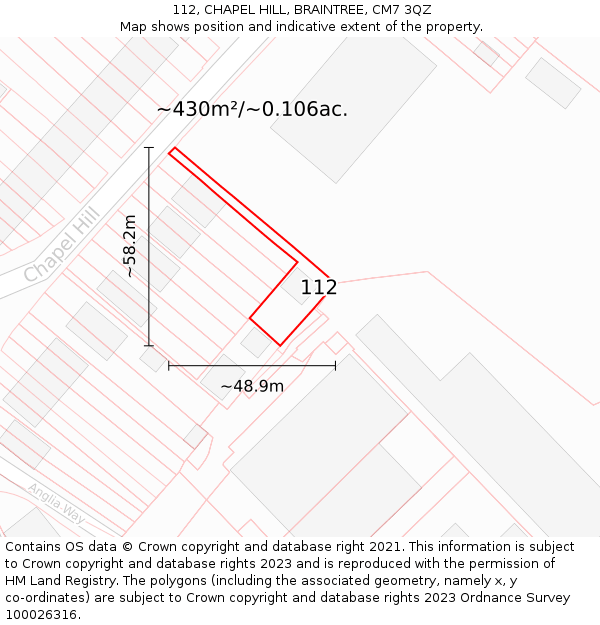 112, CHAPEL HILL, BRAINTREE, CM7 3QZ: Plot and title map