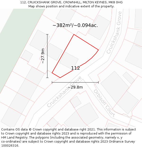 112, CRUICKSHANK GROVE, CROWNHILL, MILTON KEYNES, MK8 0HG: Plot and title map