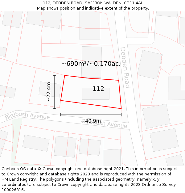 112, DEBDEN ROAD, SAFFRON WALDEN, CB11 4AL: Plot and title map