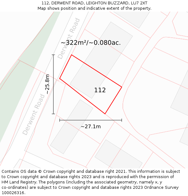 112, DERWENT ROAD, LEIGHTON BUZZARD, LU7 2XT: Plot and title map