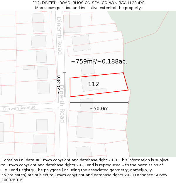 112, DINERTH ROAD, RHOS ON SEA, COLWYN BAY, LL28 4YF: Plot and title map