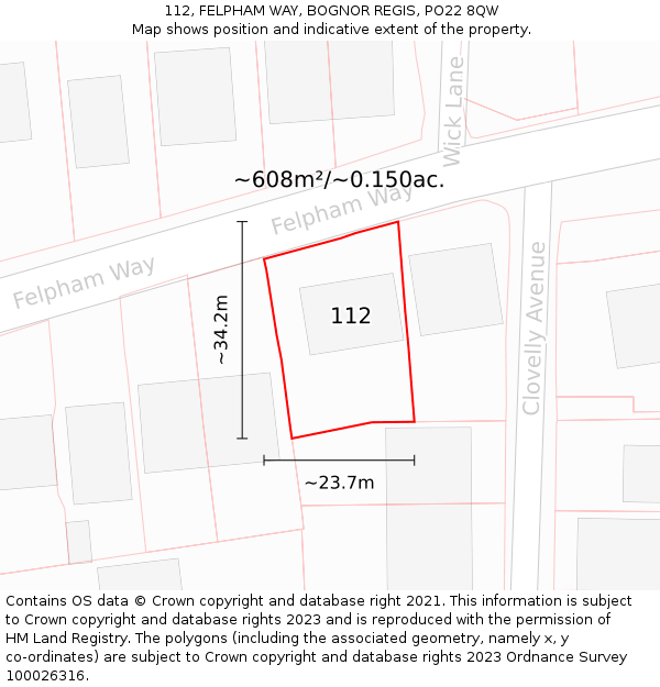 112, FELPHAM WAY, BOGNOR REGIS, PO22 8QW: Plot and title map