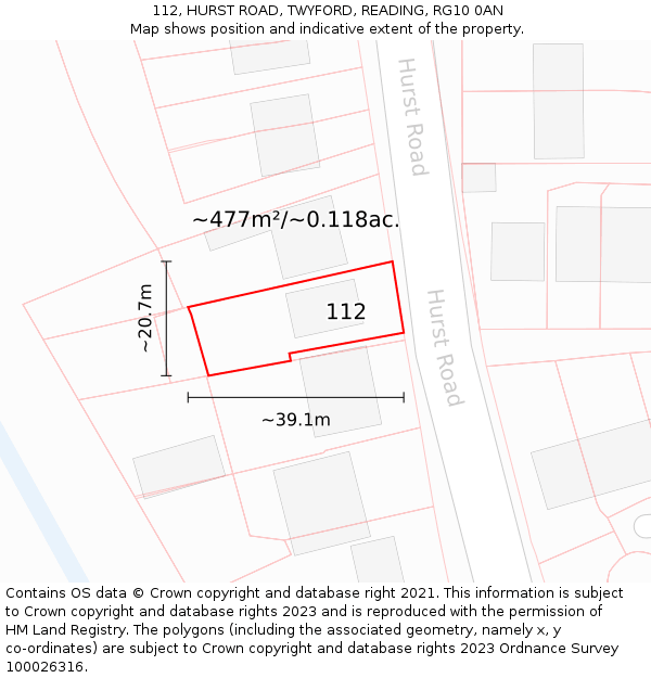112, HURST ROAD, TWYFORD, READING, RG10 0AN: Plot and title map