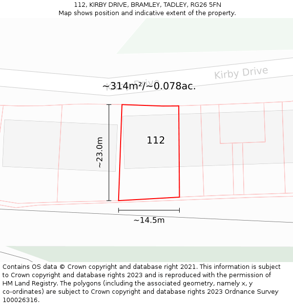 112, KIRBY DRIVE, BRAMLEY, TADLEY, RG26 5FN: Plot and title map