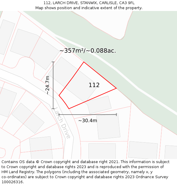 112, LARCH DRIVE, STANWIX, CARLISLE, CA3 9FL: Plot and title map