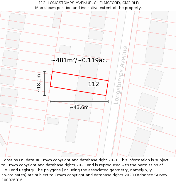 112, LONGSTOMPS AVENUE, CHELMSFORD, CM2 9LB: Plot and title map