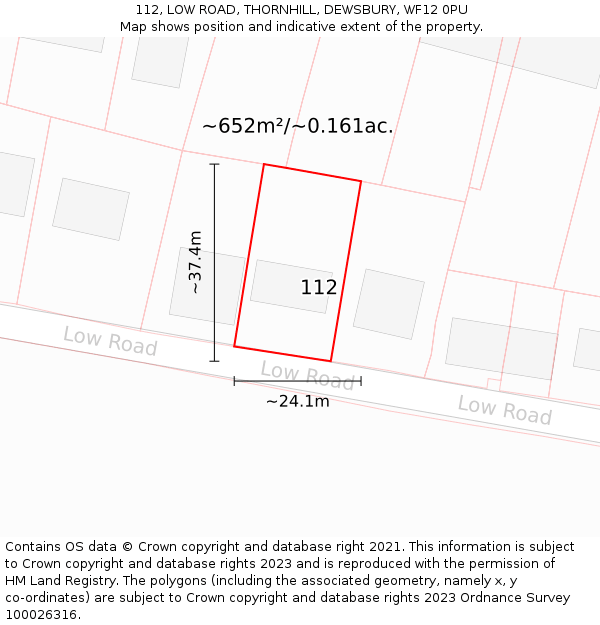112, LOW ROAD, THORNHILL, DEWSBURY, WF12 0PU: Plot and title map