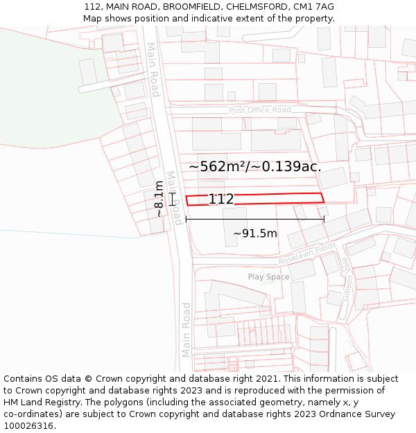 112, MAIN ROAD, BROOMFIELD, CHELMSFORD, CM1 7AG: Plot and title map