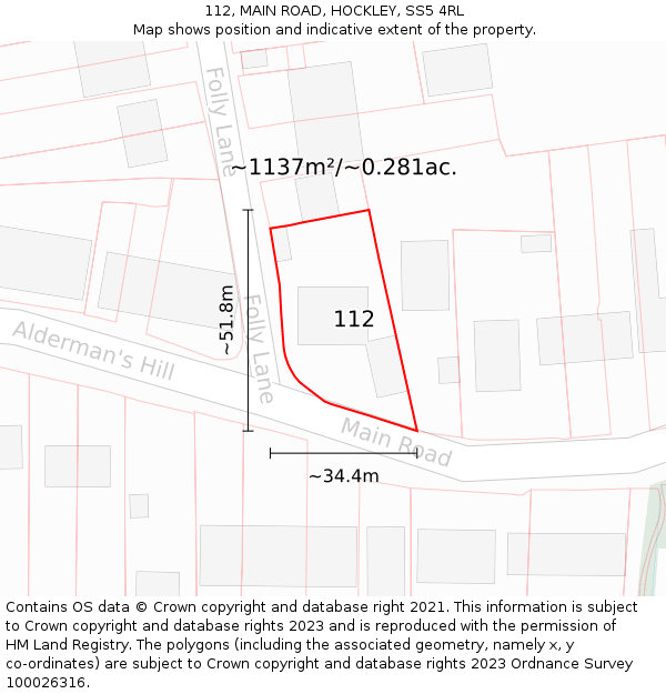 112, MAIN ROAD, HOCKLEY, SS5 4RL: Plot and title map