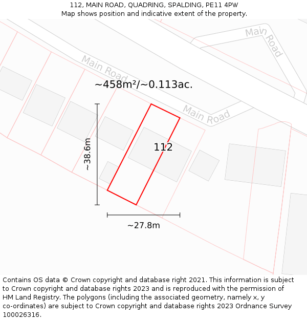 112, MAIN ROAD, QUADRING, SPALDING, PE11 4PW: Plot and title map