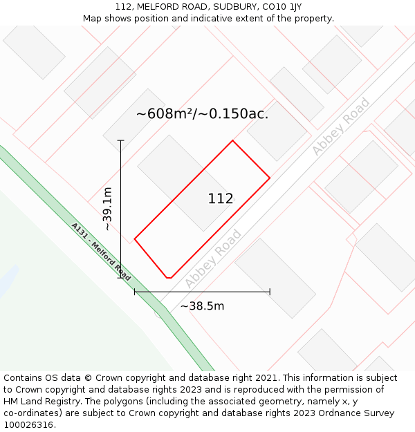 112, MELFORD ROAD, SUDBURY, CO10 1JY: Plot and title map