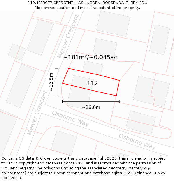 112, MERCER CRESCENT, HASLINGDEN, ROSSENDALE, BB4 4DU: Plot and title map