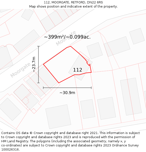 112, MOORGATE, RETFORD, DN22 6RS: Plot and title map