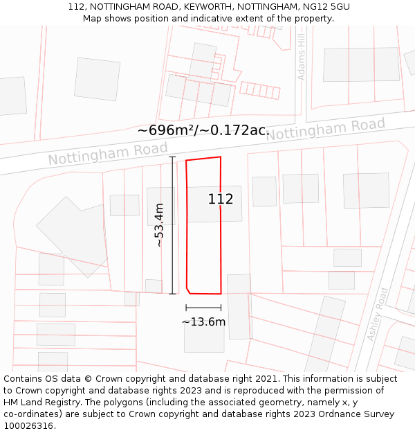 112, NOTTINGHAM ROAD, KEYWORTH, NOTTINGHAM, NG12 5GU: Plot and title map