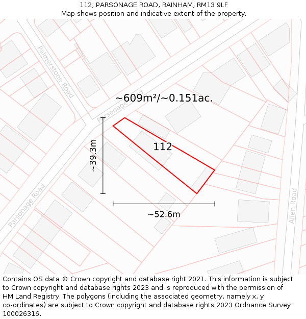 112, PARSONAGE ROAD, RAINHAM, RM13 9LF: Plot and title map
