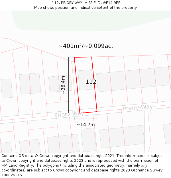112, PRIORY WAY, MIRFIELD, WF14 9EF: Plot and title map