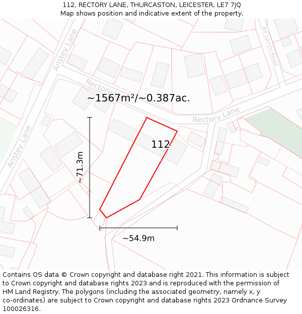 112, RECTORY LANE, THURCASTON, LEICESTER, LE7 7JQ: Plot and title map