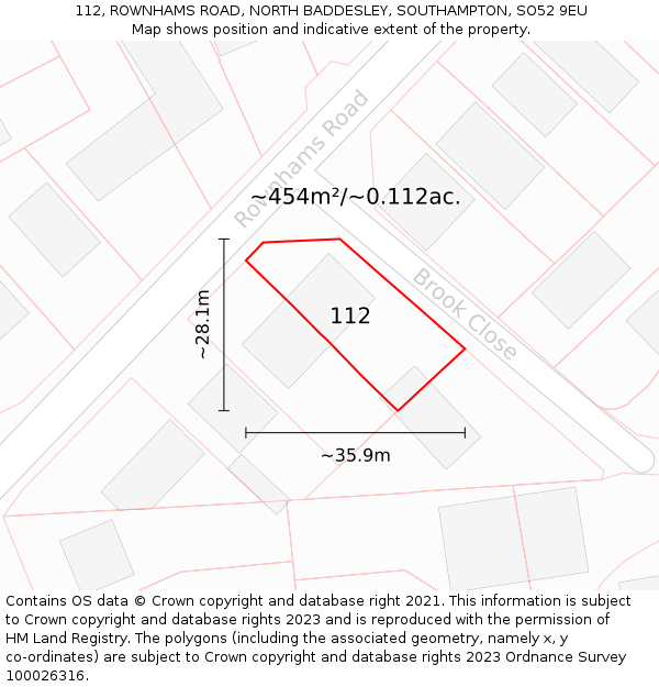 112, ROWNHAMS ROAD, NORTH BADDESLEY, SOUTHAMPTON, SO52 9EU: Plot and title map