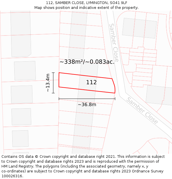 112, SAMBER CLOSE, LYMINGTON, SO41 9LF: Plot and title map