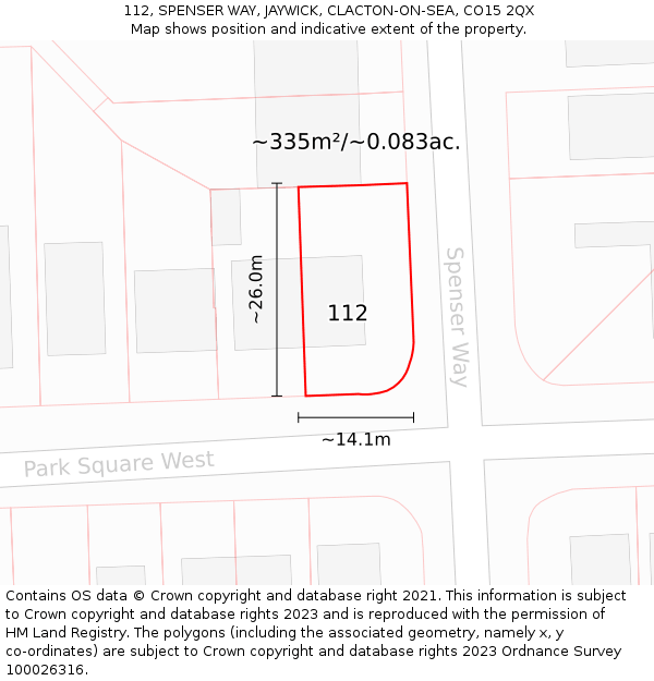 112, SPENSER WAY, JAYWICK, CLACTON-ON-SEA, CO15 2QX: Plot and title map
