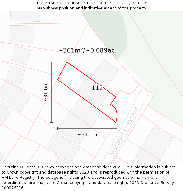 112, STARBOLD CRESCENT, KNOWLE, SOLIHULL, B93 9LA: Plot and title map