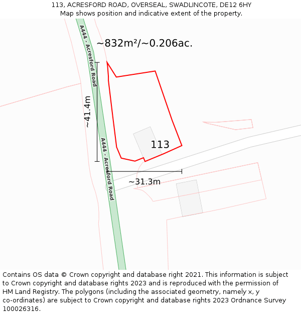 113, ACRESFORD ROAD, OVERSEAL, SWADLINCOTE, DE12 6HY: Plot and title map