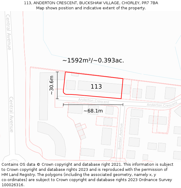113, ANDERTON CRESCENT, BUCKSHAW VILLAGE, CHORLEY, PR7 7BA: Plot and title map