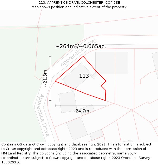 113, APPRENTICE DRIVE, COLCHESTER, CO4 5SE: Plot and title map