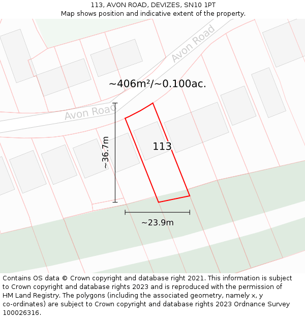 113, AVON ROAD, DEVIZES, SN10 1PT: Plot and title map