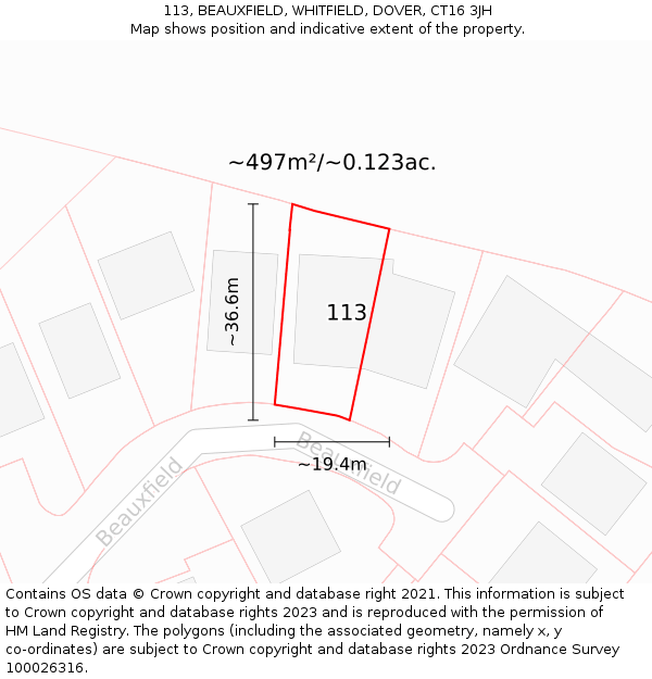113, BEAUXFIELD, WHITFIELD, DOVER, CT16 3JH: Plot and title map