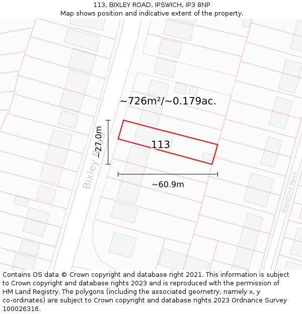 113, BIXLEY ROAD, IPSWICH, IP3 8NP: Plot and title map