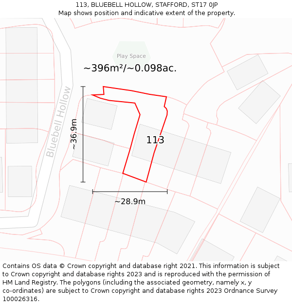 113, BLUEBELL HOLLOW, STAFFORD, ST17 0JP: Plot and title map