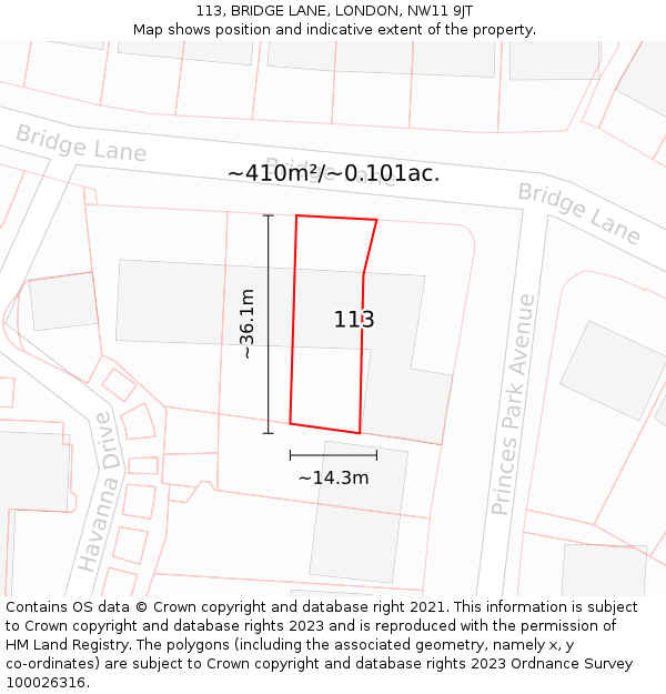 113, BRIDGE LANE, LONDON, NW11 9JT: Plot and title map
