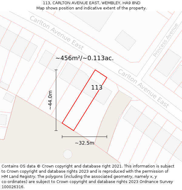 113, CARLTON AVENUE EAST, WEMBLEY, HA9 8ND: Plot and title map