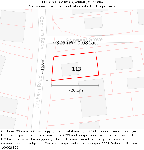 113, COBHAM ROAD, WIRRAL, CH46 0RA: Plot and title map